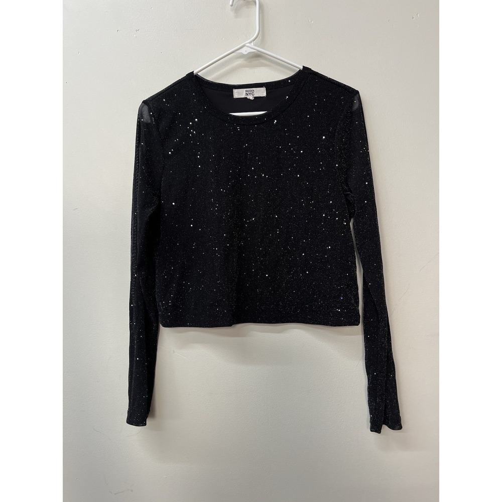 Steve Madden Black long sleeve top silver glitter Sheer Sleeves Cropped Large